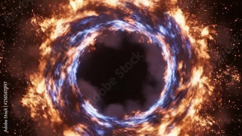 Abstract Ring of Fire and Ice Lit by Bright Flames Observed in Dark Studio