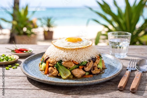 Traditional Mauritian Bol Renverse Magic Bowl with Chicken Rice and Fried Egg on a Sunny Beach Table