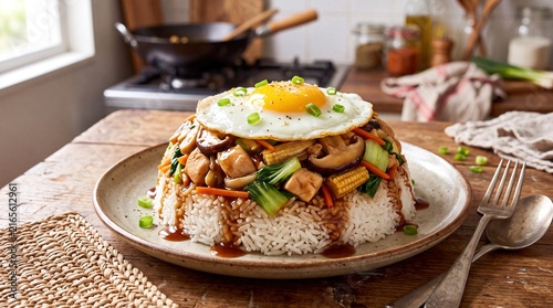 Homemade Mauritian Bol Renverse Magic Bowl Rice Dish with Chicken Vegetables and Fried Egg