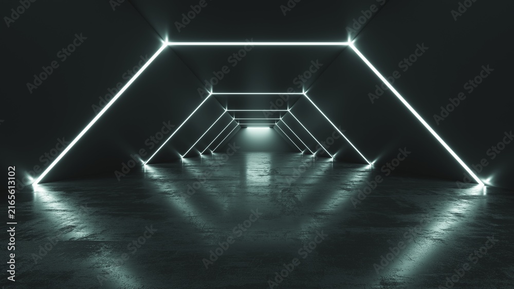 Naklejka premium Dark futuristic tunnel corridor with bright neon lights 3d rendering