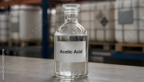 Glass bottle of acetic acid in a chemical warehouse or industrial laboratory setting.