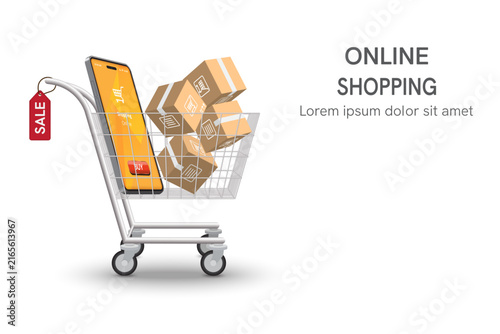 Five package boxes and an orange-screen smartphone placed inside a shopping cart, representing the concept of online shopping, e-commerce, mobile commerce, and digital retail.