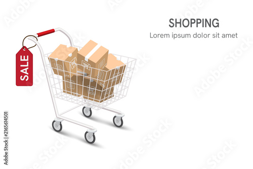 Shopping cart filled with five small shipping boxes on a white background, representing online shopping, digital commerce, online orders, and retail logistics.