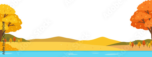 Peaceful autumn river landscape with trees flat vector illustration
