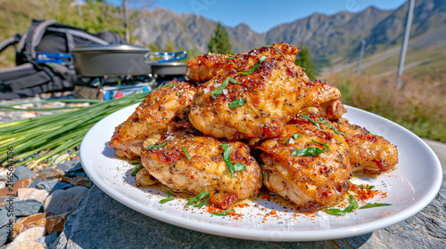 Seasoned chicken pieces arranged on a smooth flat stone outdoors, sprinkled with salt, pepper, paprika and fresh herbs, camping cookware and backpack in the background, rugged mountain landscape bey