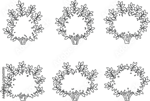 Lush Dense Botanical Wreath Vector Set, Architectural Landscape Detailed Foliage Ring Symbol Clipart, Site Plan Organic Garden Crown Design Bundle
