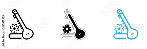 Foto Set of three sitar icons in black outline line art and blue color variations