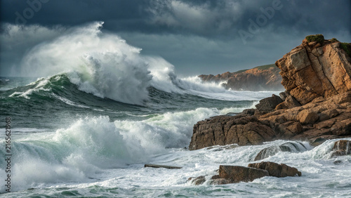 Dramatic ocean waves crashing on rocky coast