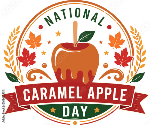 National Caramel Apple Day Flat Vector Badge With Autumn Leaves And Typography