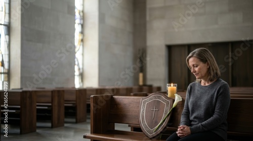 A woman sitting in a church pew in prayerful reflection with a cross shield, candle, and lily; faith and spirituality photography with copyspace for religious or memorial messages.