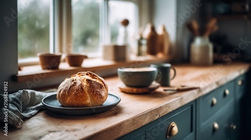 Cozy breakfast moment in a charming farmhouse kitchen