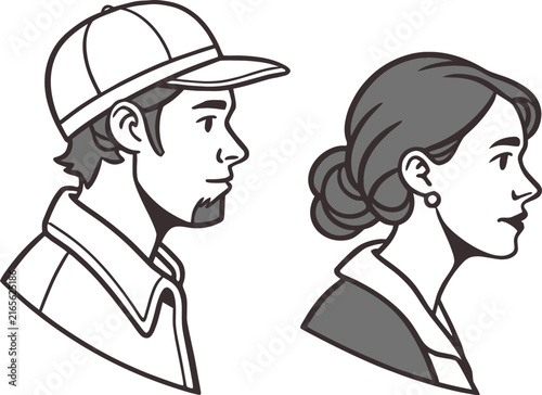 Lineart illustration of a man wearing a baseball cap and a woman in profile view