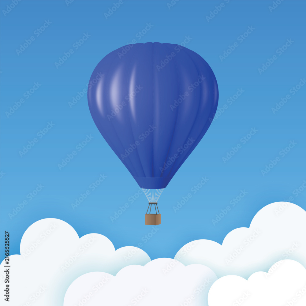 Obraz premium Vector Travel Banner with 3d Realistic Blue Hot Air Balloon Icon on a Blue Sky Background. Design Template, Summer Vacation, Travelling, Tourism and Journey Concept