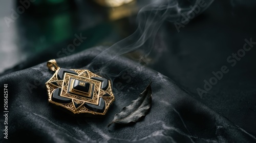 Conceptual narrative and storytelling of a mystical golden pendant with black onyx on dark silk with rising smoke and a dried leaf evoking ancient mystery and ritual