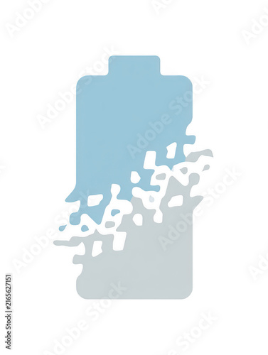 A light blue battery dissolving into small fragments isolated on a transparent background