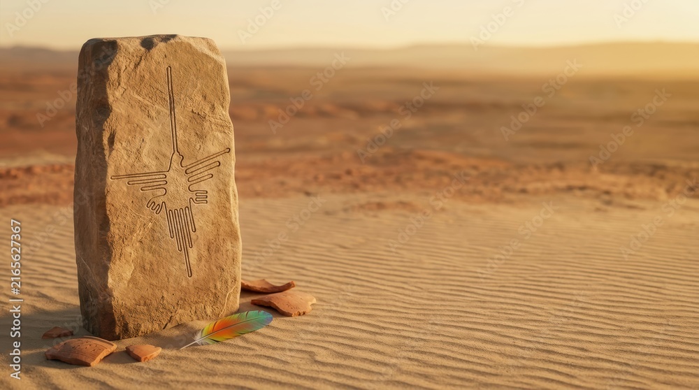 Naklejka premium Conceptual Storytelling Narrative of an Ancient Stone Tablet with Nazca Hummingbird Engraving in a Golden Desert Landscape with Artifacts and a Bright Feather