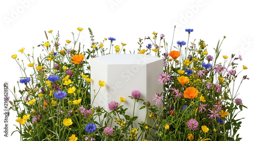 Ein weißes Podium zur Produktpräsentation, umgeben von bunten Blühpflanzen und Sommerblumen auf weißem Hintergrund.