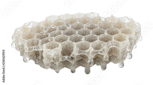 Ein Stück frische, transparente Bienenwabe mit herabtropfendem, klarem Nektar oder Sirup vor weißem Hintergrund, isoliert und detailliert dargestellt.