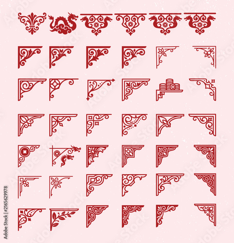 Chinese corner decorative frame collection with red oriental floral and dragon patterns.