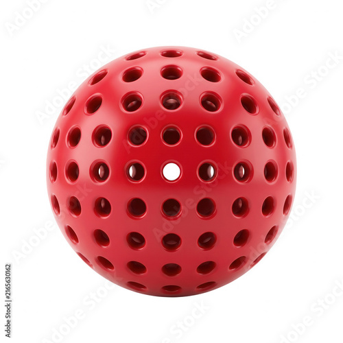 Eine rote, durchlöcherte Kugel mit einer perforierten Oberfläche, die auf einem sauberen, weißen Hintergrund isoliert ist und ein modernes, abstraktes Designkonzept darstellt.