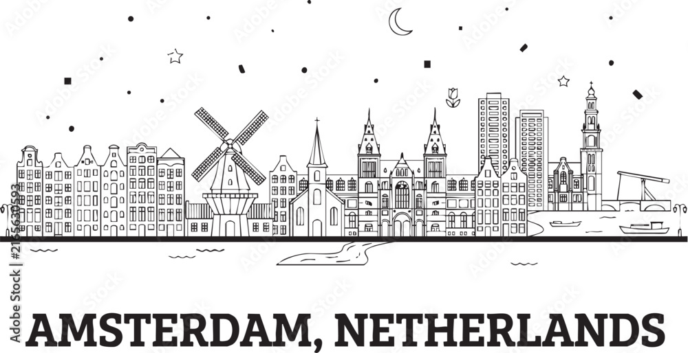 Fototapeta premium Adobe Illustrator Artwork of Title Amsterdam Skyline Vector Line Art - Gabled Canal Houses, Classic Windmill & Rijksmuseum