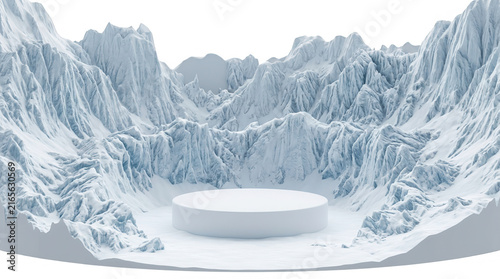 Minimalistisches weißes Podest für Produktpräsentationen vor einer abstrakten, schneebedeckten Berglandschaft in einer sauberen, modernen 3D-Umgebung.