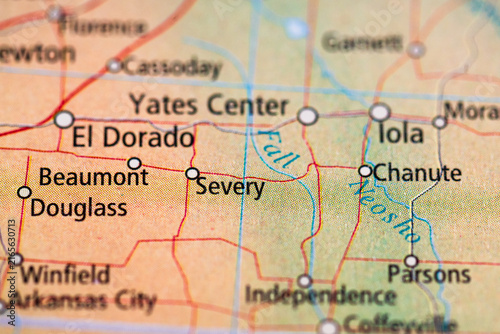 Close up of El Dorado and Yates Center on vintage Nebraska road map.