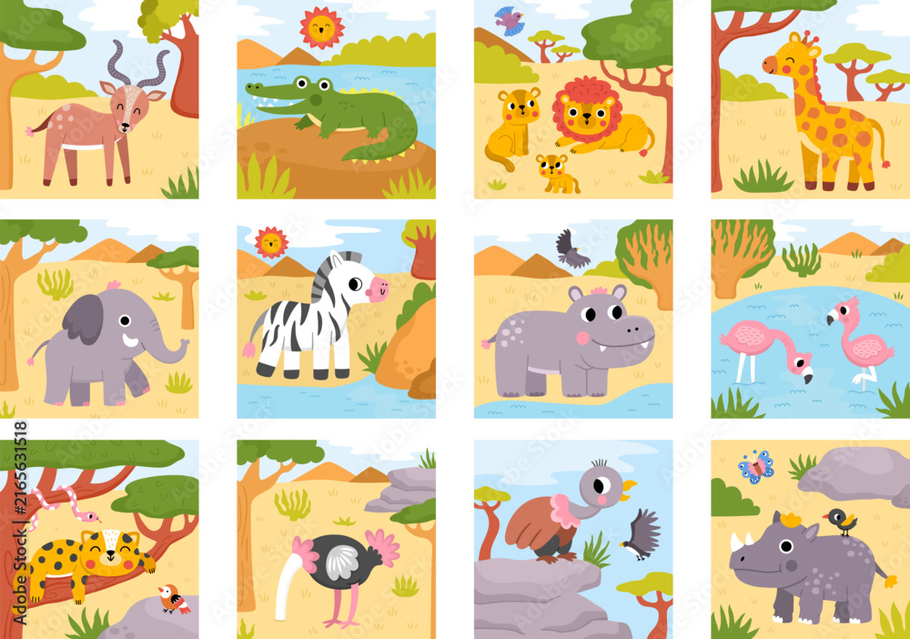 Fototapeta premium Square cartoon savanna animals backgrounds set. African nature landscapes collection with trees, plants, birds, elephant, giraffe, zebra. Wildlife safari scene