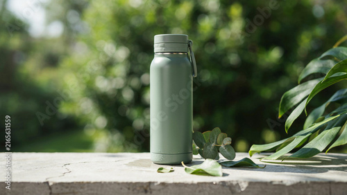 Green insulated water bottle placed on wooden surface surrounded by fresh greenery outdoors