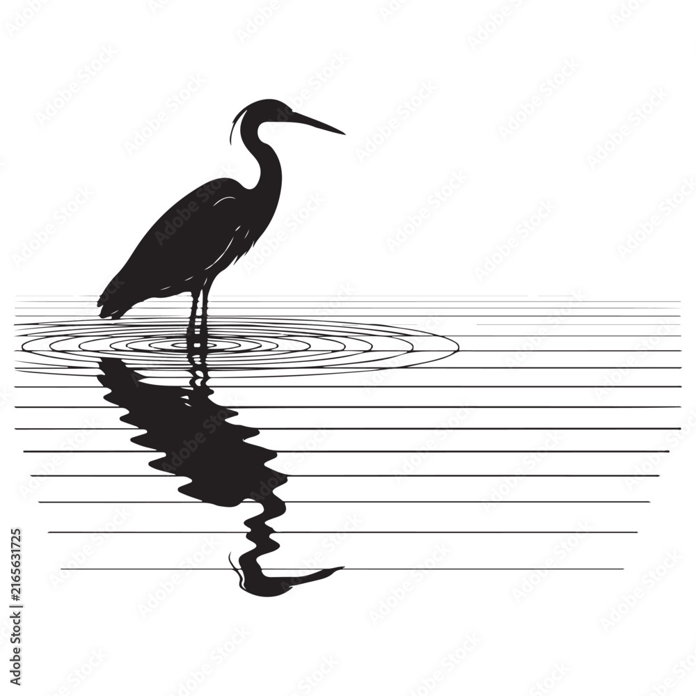 Naklejka premium Heron silhouette standing in water with reflection and ripples vector graphic for nature and wildlife design