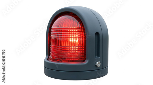 Eine leuchtende rote Warnleuchte mit grauem Schutzgehäuse, isoliert auf weißem Hintergrund als Symbol für Sicherheit, Alarm und Gefahr.