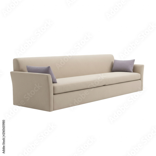 Modernes dreisitziges Sofa in Beige mit zwei dekorativen lila Kissen, freigestellt auf weißem Hintergrund für Möbeldesign und Innenarchitektur.