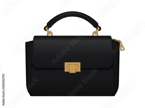 Elegante schwarze Damenhandtasche aus Leder mit goldenem Verschluss isoliert auf weißem Hintergrund.