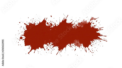 Dunkelroter Blutfleck mit spritzenden Tropfen auf weißem Hintergrund als kreativer Grafik-Banner und Textur-Element.