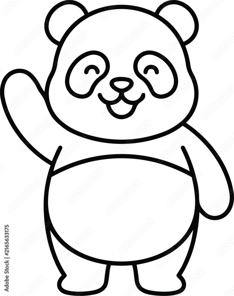 Fototapeta premium Adorable hand drawn illustration depicts a cheerful panda bear happily waving a paw on a clean white backdrop