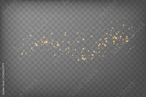 Clusters of small golden light bokeh with star-shaped flares scattered over black background on transparent background