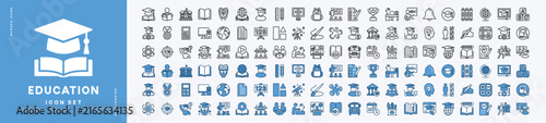 Education icon set. Contains learning, school, book, study, graduation, online, student, cognition, e-learning, training, knowledge, workshop, technology, skill, college, teacher, calculator for web