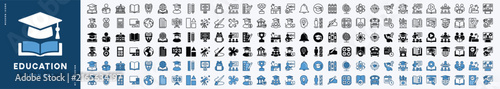 Education icon set. Contains learning, school, book, study, e-learning, student, cognition, graduation, training, knowledge, workshop, technology, college, teacher, calculator for web or mobile app