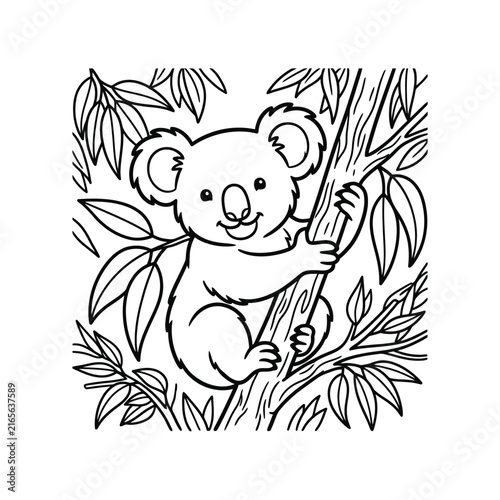 Canvas Print Cute Koala On Tree Branch Coloring Page Vector Illustration