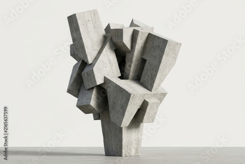 Abstract Brutalist Concrete Sculpture with Interlocking Geometric Blocks Isolated on White Background for Modern Architectural Design
