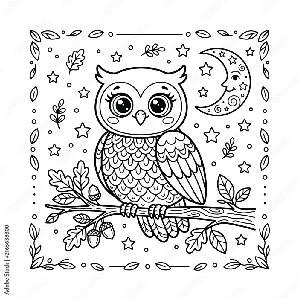 Fototapeta premium Cute Owl On Branch Coloring Page For Kids Vector Illustration