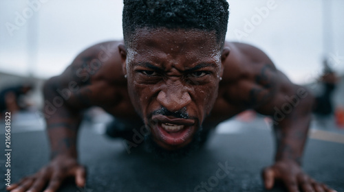 Determined Muscular Athlete Doing Intense Push-Ups Outdoors
