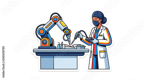 Scientist operating robotic surgery arm medical sticker