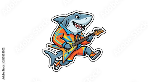 Shark playing guitar in tropical Hawaiian shirt.