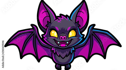 Cute purple bat with spread wings cartoon character.