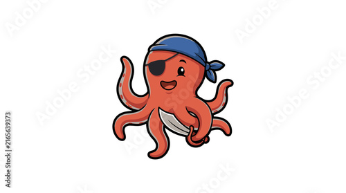 Cute red octopus wearing pirate bandana and eyepatch.