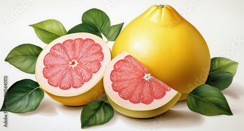 Fresh, yellow pomelo fruit with red flesh, used in cooking, native to tropical regions.