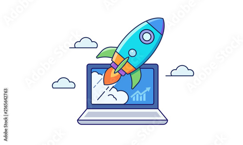startup rocket business laptop launch icon