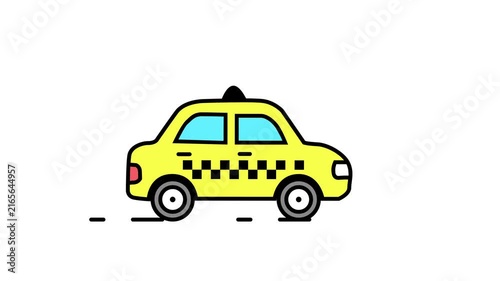 Yellow taxi cab driving animation for ride sharing and city transport concept simple line art design.