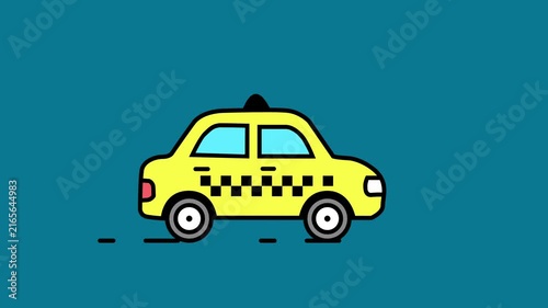 Yellow taxi cab driving animation for ride sharing and city transport concept simple line art design.